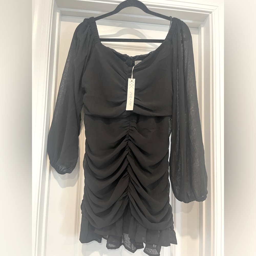 She + Sky Black Ruched Mini Dress NWT